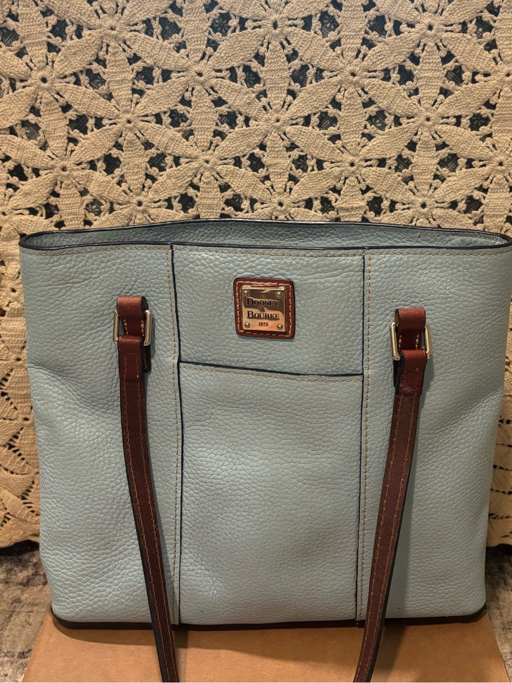 Dooney & Bourke Light Blue Pebbled Leather Tote with Brown Straps